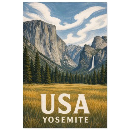 Affiche USA – Yosemite, gravure sur bois revisitée par une gouache texturée verticale, format 30 × 45 cm