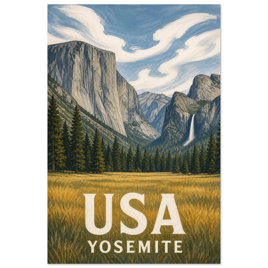 Affiche USA – Yosemite, gravure sur bois revisitée par une gouache texturée verticale, format 30 × 45 cm