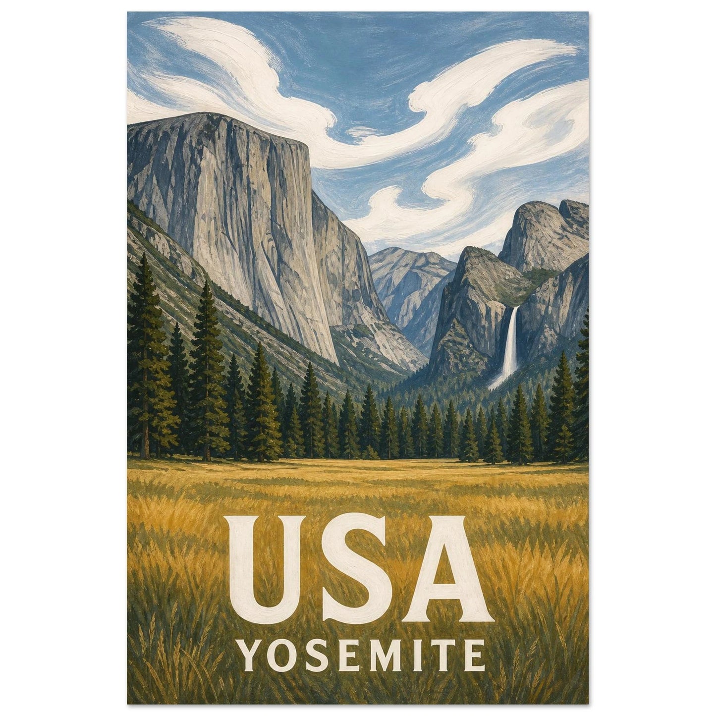 Affiche USA – Yosemite, gravure sur bois revisitée par une gouache texturée verticale, format 60 × 90 cm