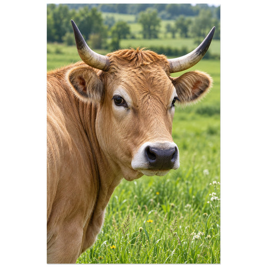 Affiche Vache Aubrac – Regard des prés, réalisme photographique / portrait animalier verticale, format 30 × 45 cm