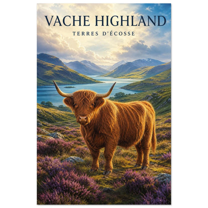 Affiche Vache Highland – Terres d'Écosse, gouache contemporaine verticale, format 60 × 90 cm