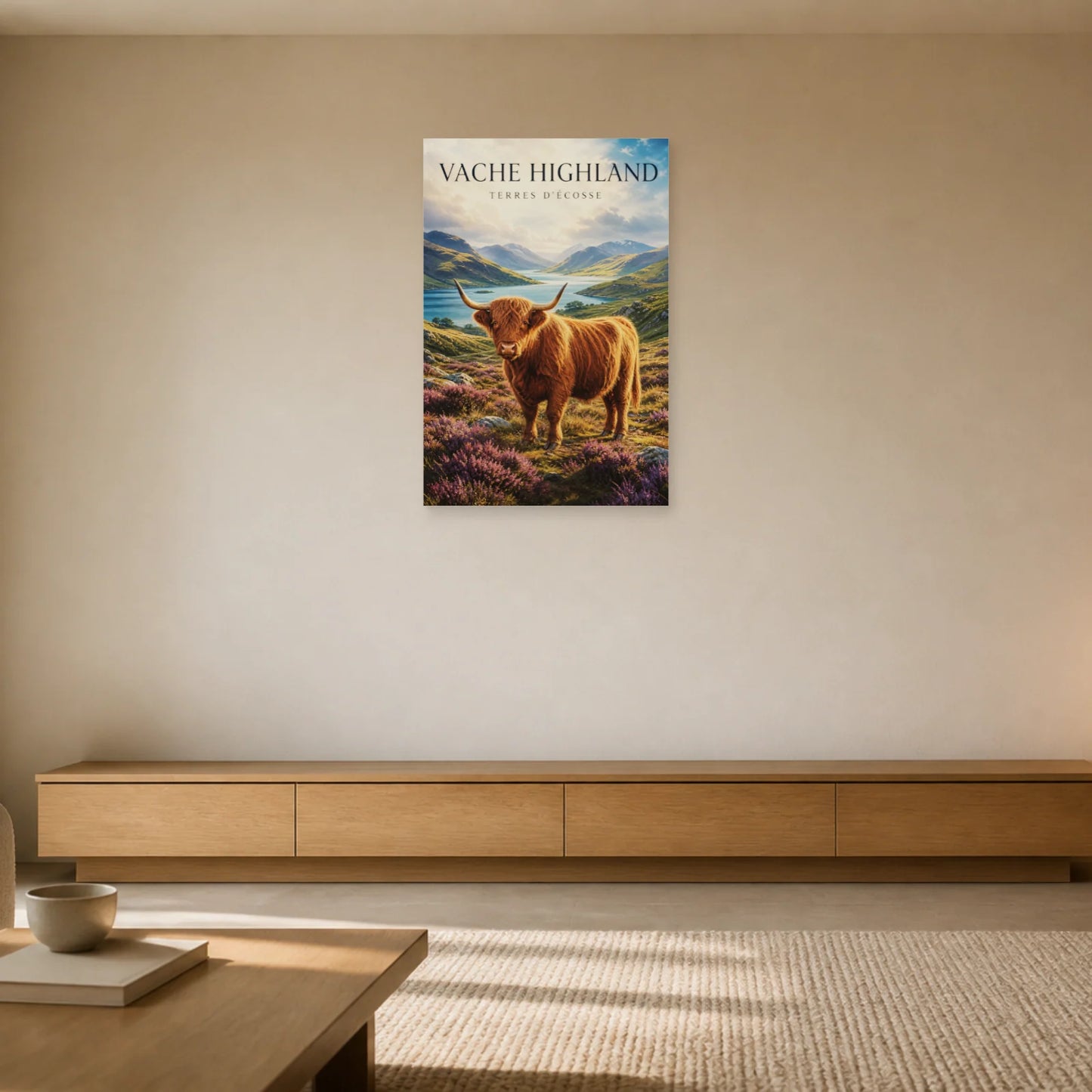 Affiche Vache Highland – Terres d’Écosse dans un salon - Art Virtuoso