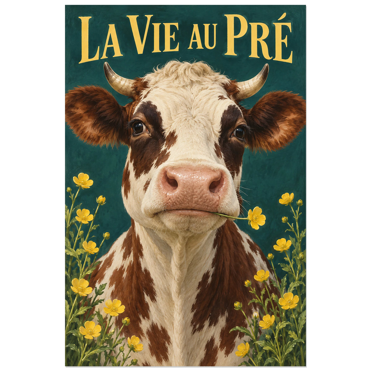 Affiche Vache normande – La vie au pré, peinture réaliste / affiche vintage verticale, format 30 × 45 cm