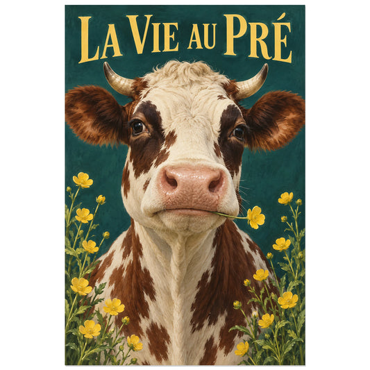 Affiche Vache normande – La vie au pré, peinture réaliste / affiche vintage verticale, format 30 × 45 cm