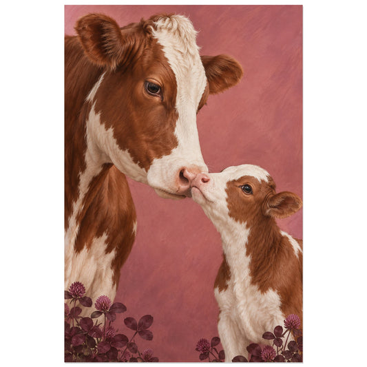 Affiche Vache et veau – Tendresse normande, peinture réaliste / portrait animalier verticale, format 30 × 45 cm
