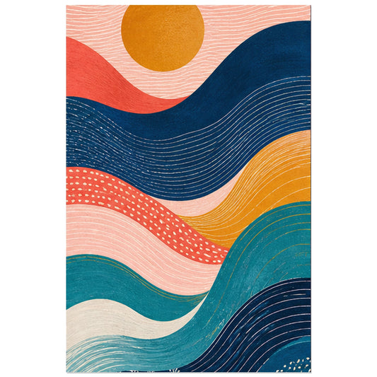 Vagues abstraites colorées et disque ocre, affiche 30 × 45 cm