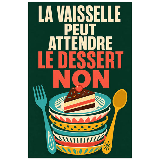 Affiche La vaisselle peut attendre – Le dessert non, affiche rétro humoristique à vaisselle illustrée verticale, format 30 × 45 cm
