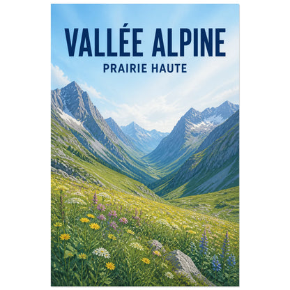 Affiche Vallée Alpine – Prairie Haute, gouache paysagère contemporaine verticale, format 60 × 90 cm