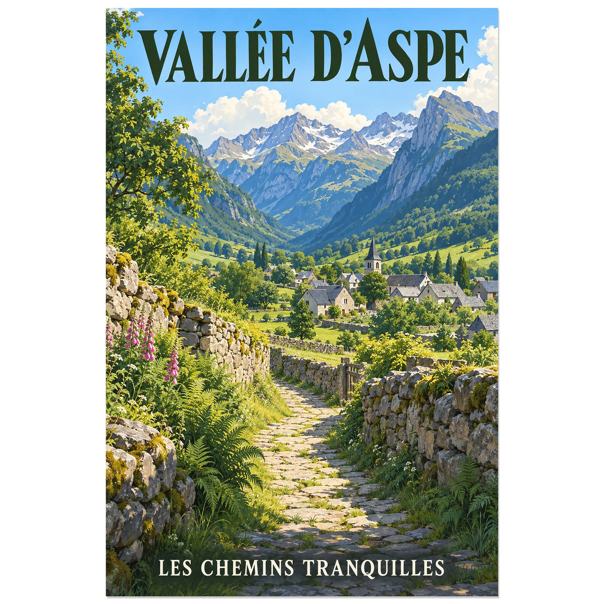 Affiche Vallée d’Aspe – Chemin de pierre, illustration peinte / affiche touristique néo-vintage verticale, format 60 × 90 cm