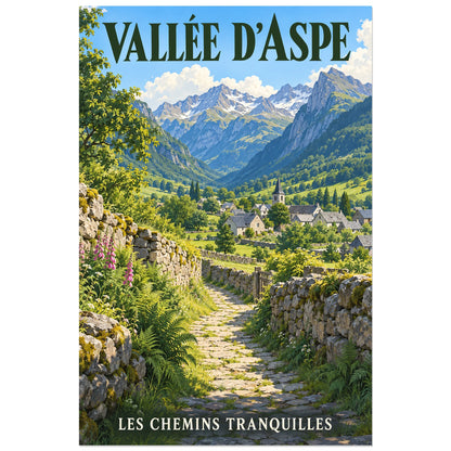 Affiche Vallée d’Aspe – Chemin de pierre, illustration peinte / affiche touristique néo-vintage verticale, format 60 × 90 cm