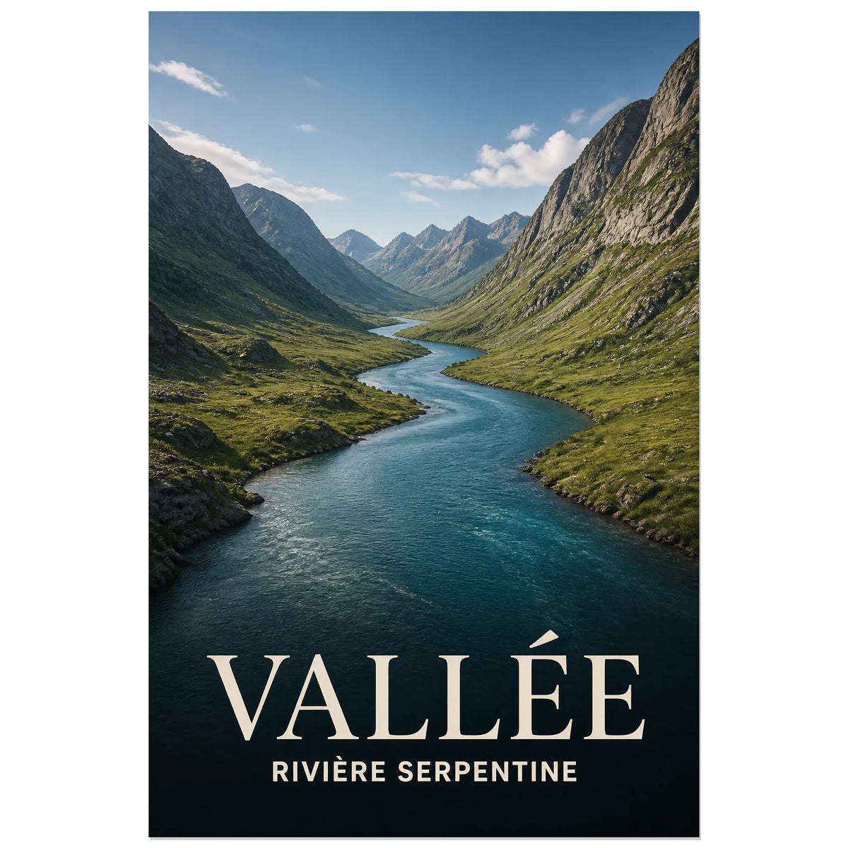 Affiche Vallée – Rivière Serpentine, photographie de paysage éditoriale verticale, format 40 × 60 cm