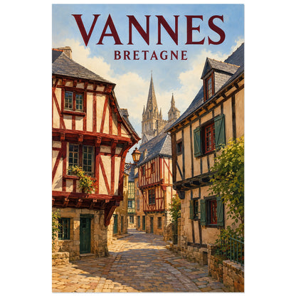 Perspective de rue vers une flèche au fond à Vannes, affiche 40 × 60 cm