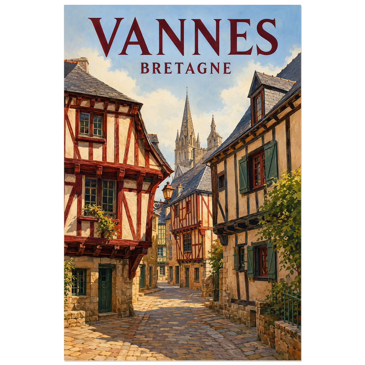 Façades de bois et pierre illustrées sous le nom VANNES, affiche 60 × 90 cm