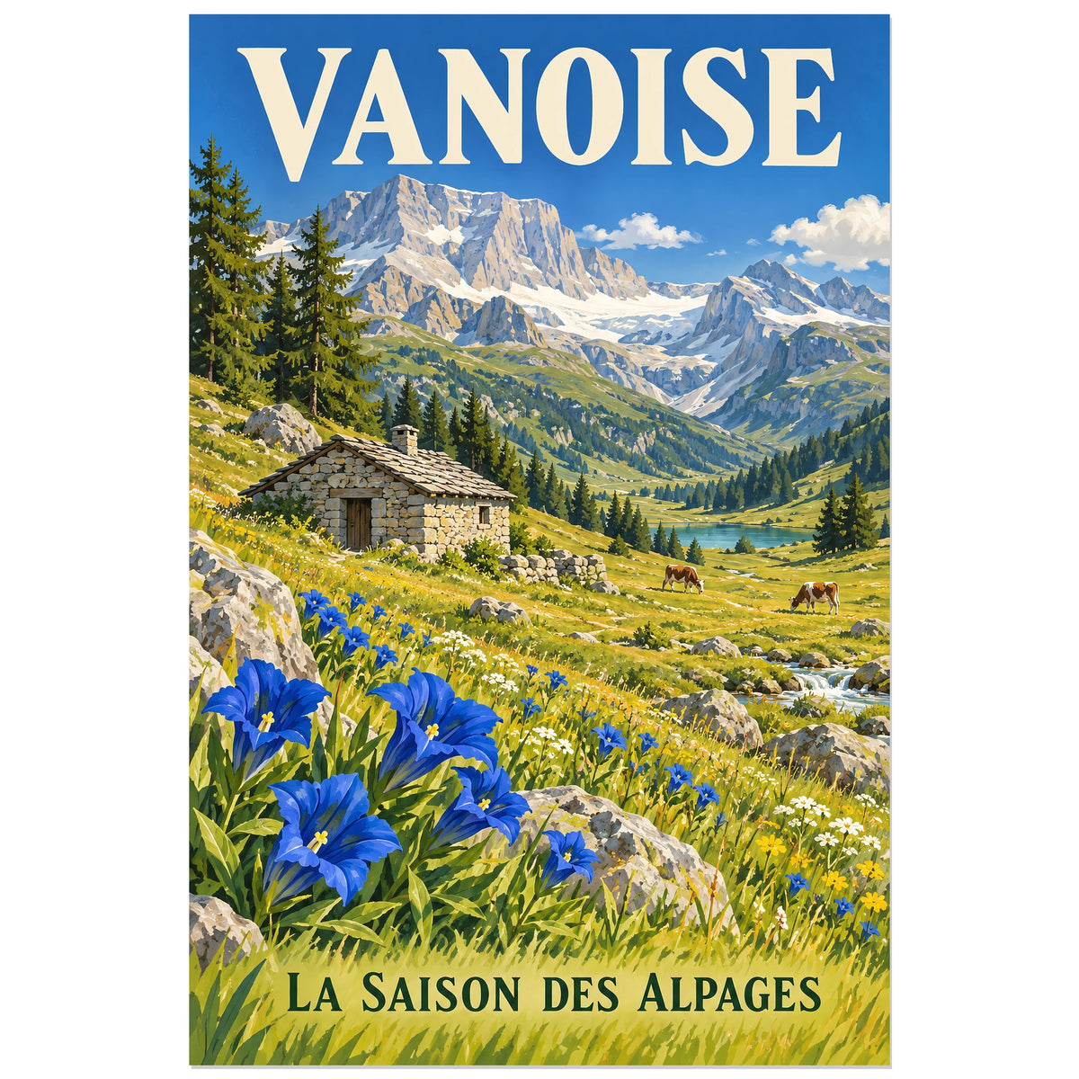 Affiche Vanoise – Alpage d’été, illustration peinte / affiche touristique néo-vintage verticale, format 30 × 45 cm