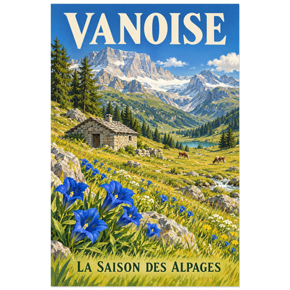 Affiche Vanoise – Alpage d’été, illustration peinte / affiche touristique néo-vintage verticale, format 30 × 45 cm
