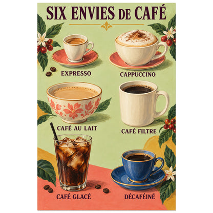 Planche Six envies de café avec six boissons nommées sur fond pistache, affiche 30 × 45 cm