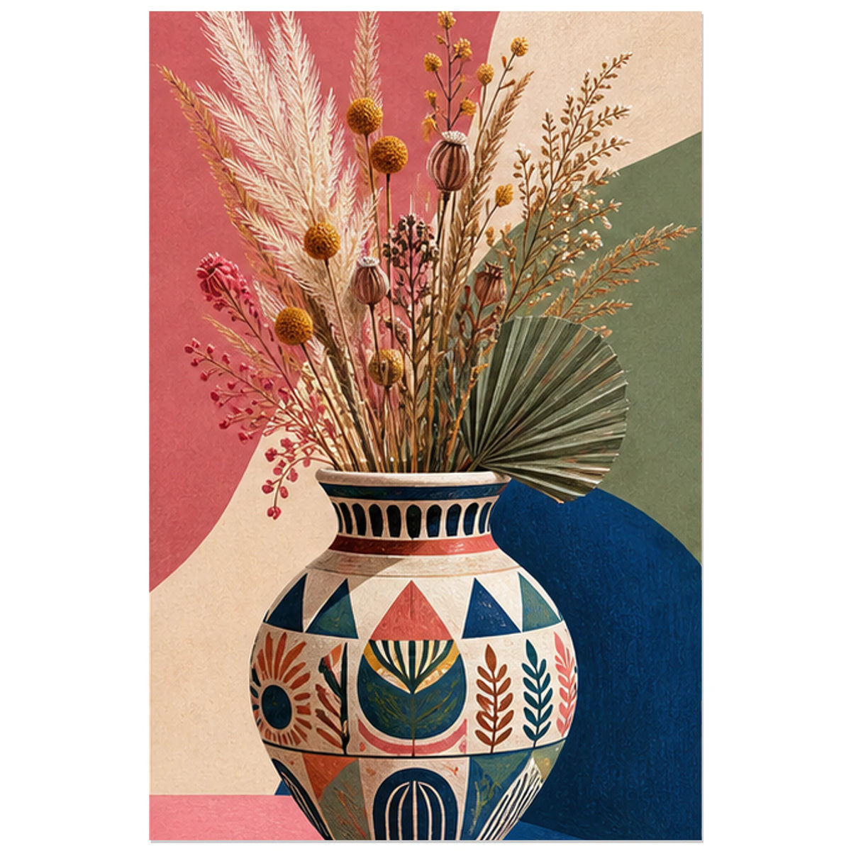 Fleurs séchées illustrées devant fond rose et sauge, affiche 40 × 60 cm