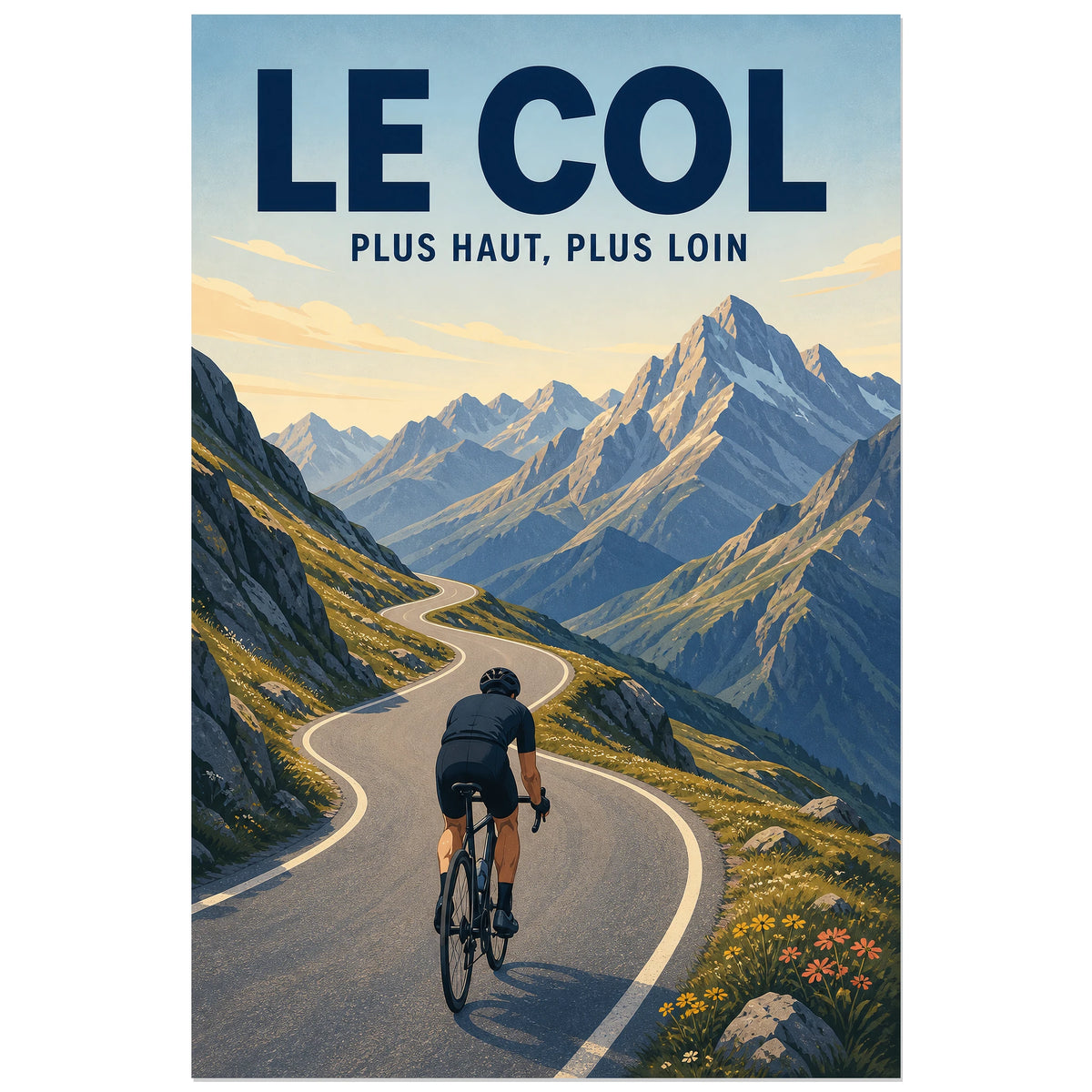 Affiche Le col – Plus haut, plus loin, illustration rétro de cyclisme alpin aux formes nettes et légèrement texturées verticale, format 30 × 45 cm