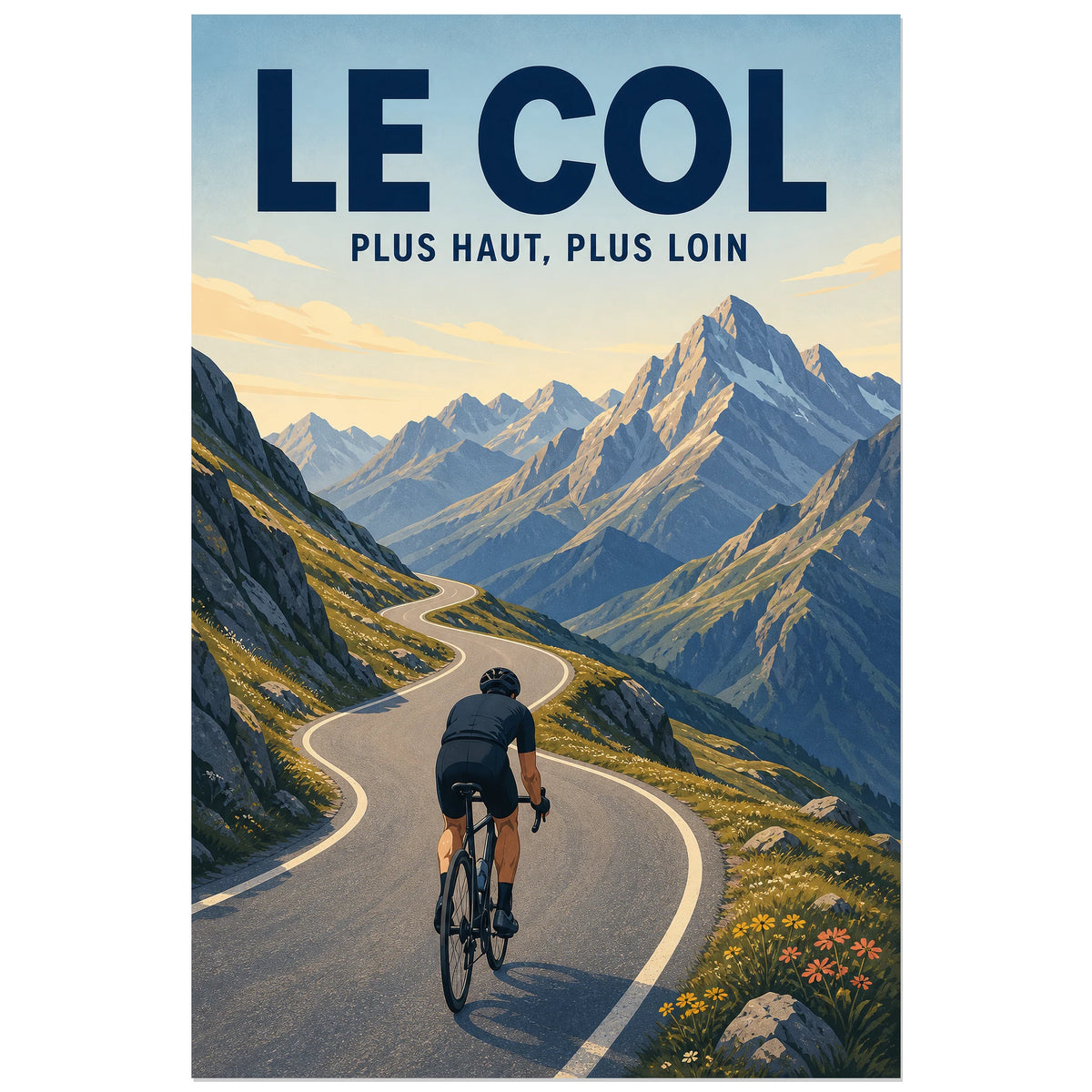 Affiche Le col – Plus haut, plus loin, illustration rétro de cyclisme alpin aux formes nettes et légèrement texturées verticale, format 40 × 60 cm