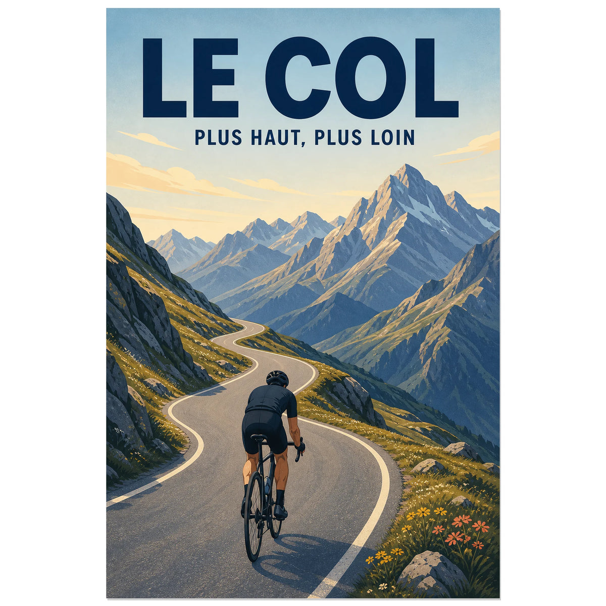 Affiche Le col – Plus haut, plus loin, illustration rétro de cyclisme alpin aux formes nettes et légèrement texturées verticale, format 60 × 90 cm