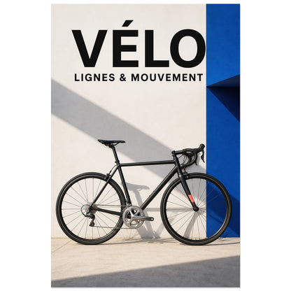 Affiche Vélo – Lignes et mouvement, photographie éditoriale minimaliste de vélo et d'architecture verticale, format 30 × 45 cm