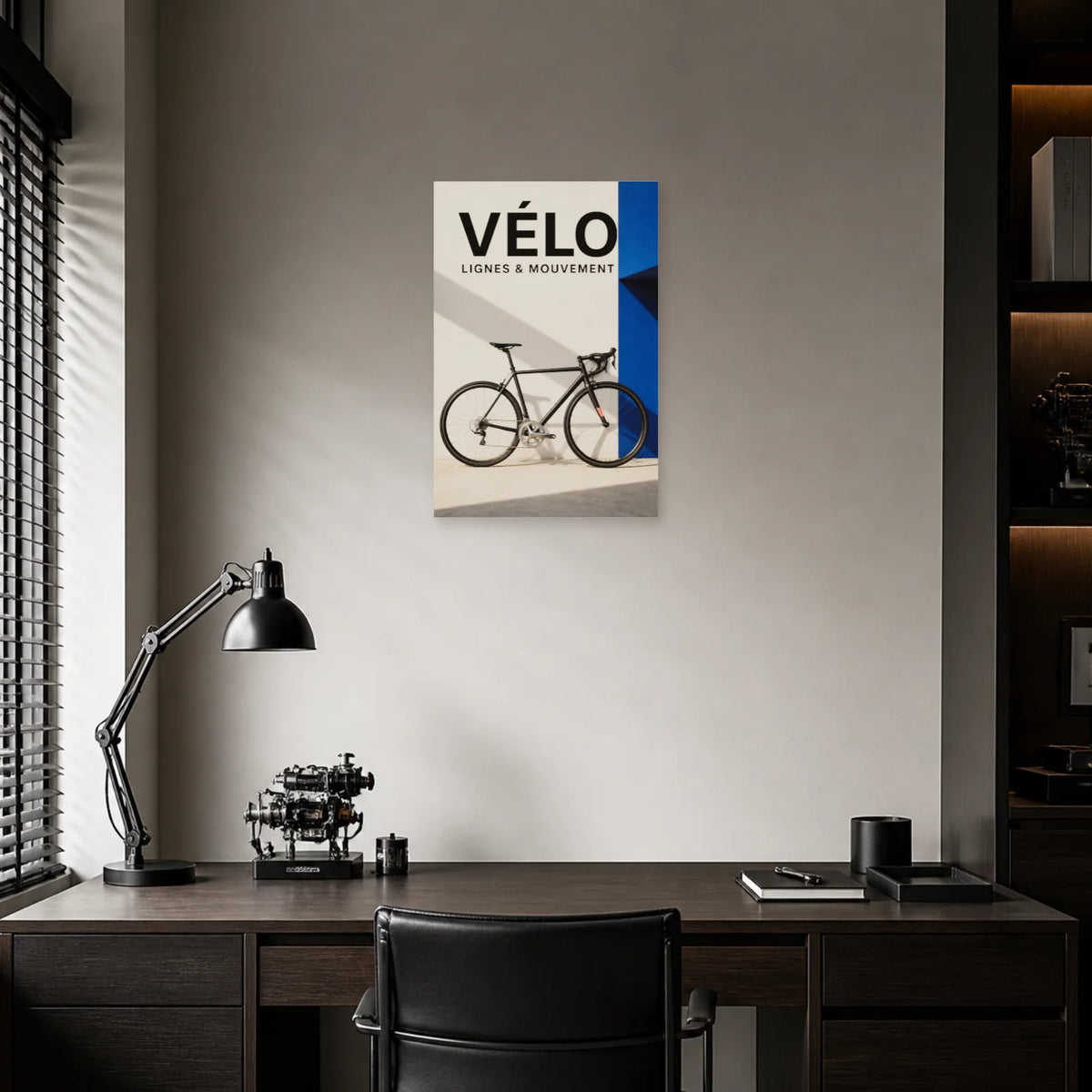 Affiche Vélo minimaliste – Lignes et mouvement dans un bureau - Art Virtuoso