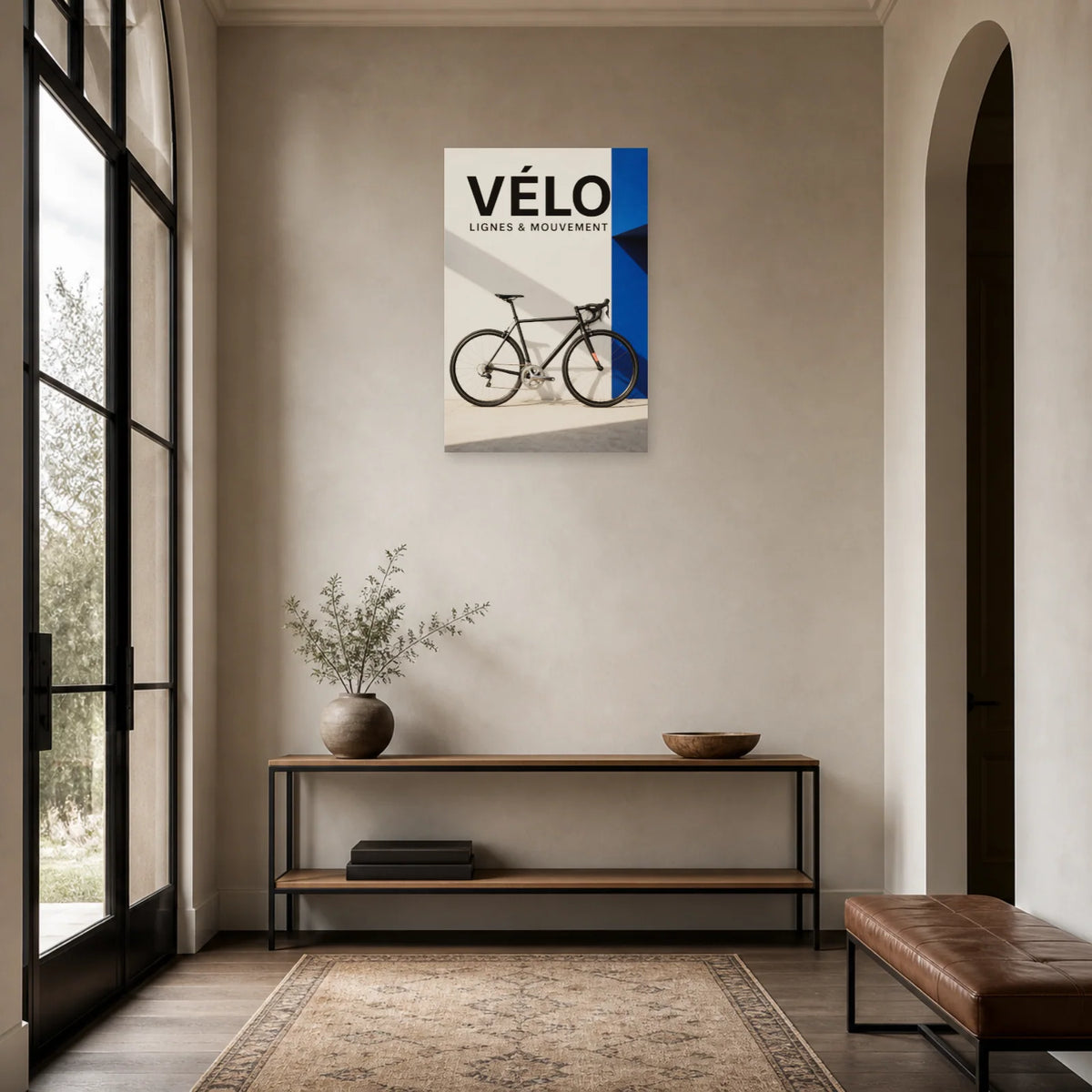 Affiche Vélo minimaliste – Lignes et mouvement dans une entrée ou un couloir - Art Virtuoso