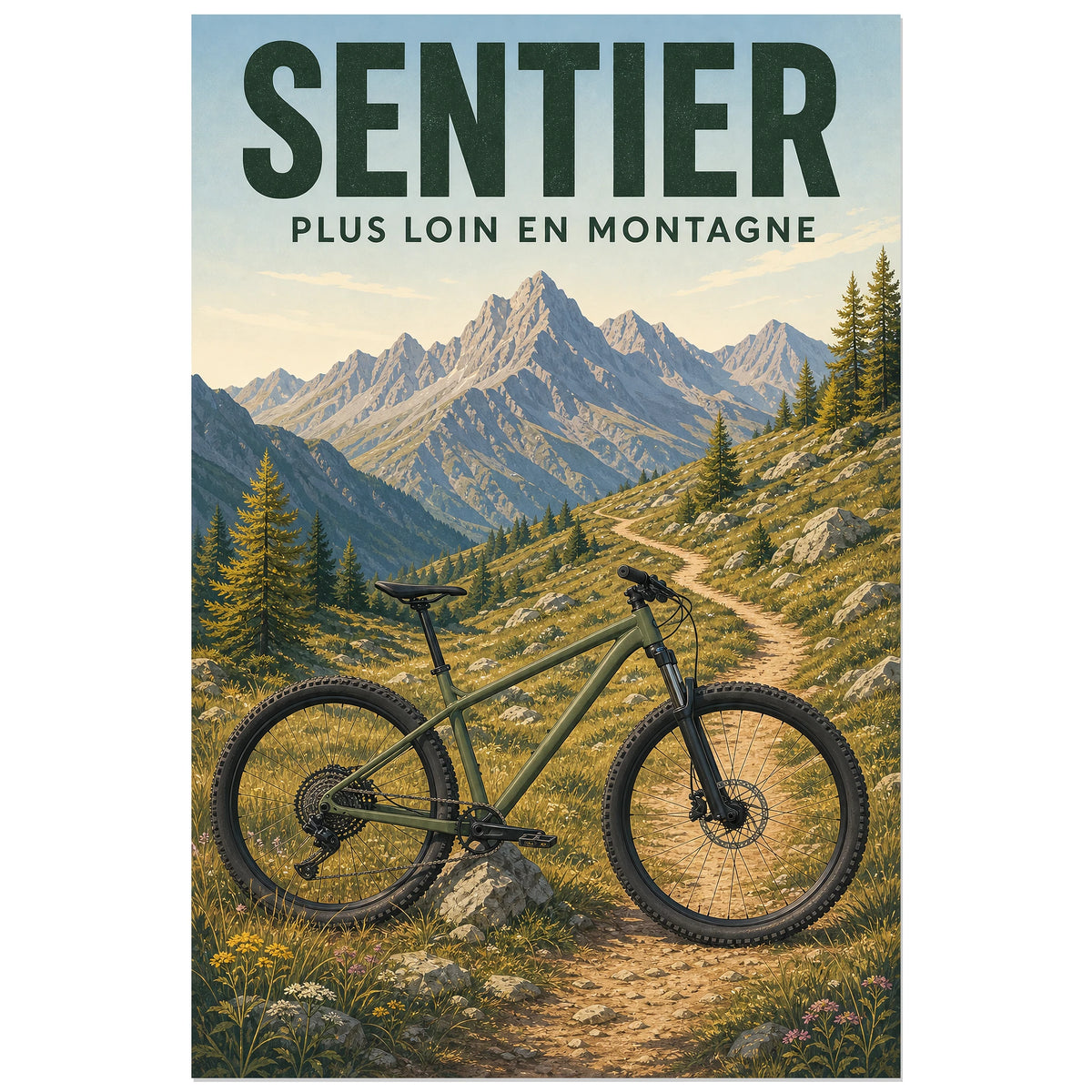 Affiche Sentier – Plus loin en montagne, illustration rétro de plein air consacrée au vtt en montagne verticale, format 30 × 45 cm