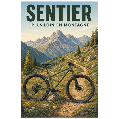 Affiche Sentier – Plus loin en montagne, illustration rétro de plein air consacrée au vtt en montagne verticale, format 30 × 45 cm