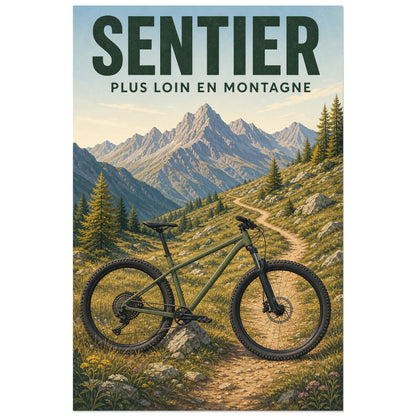Affiche Sentier – Plus loin en montagne, illustration rétro de plein air consacrée au vtt en montagne verticale, format 60 × 90 cm