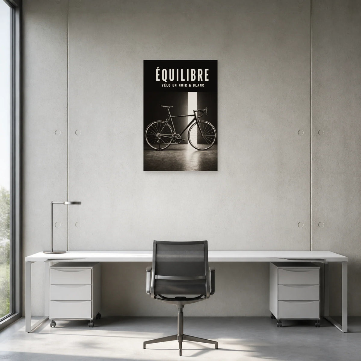Affiche Vélo noir et blanc – Équilibre dans un bureau - Art Virtuoso