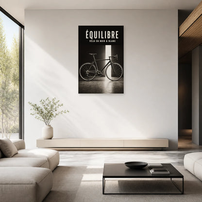 Affiche Vélo noir et blanc – Équilibre dans un salon - Art Virtuoso