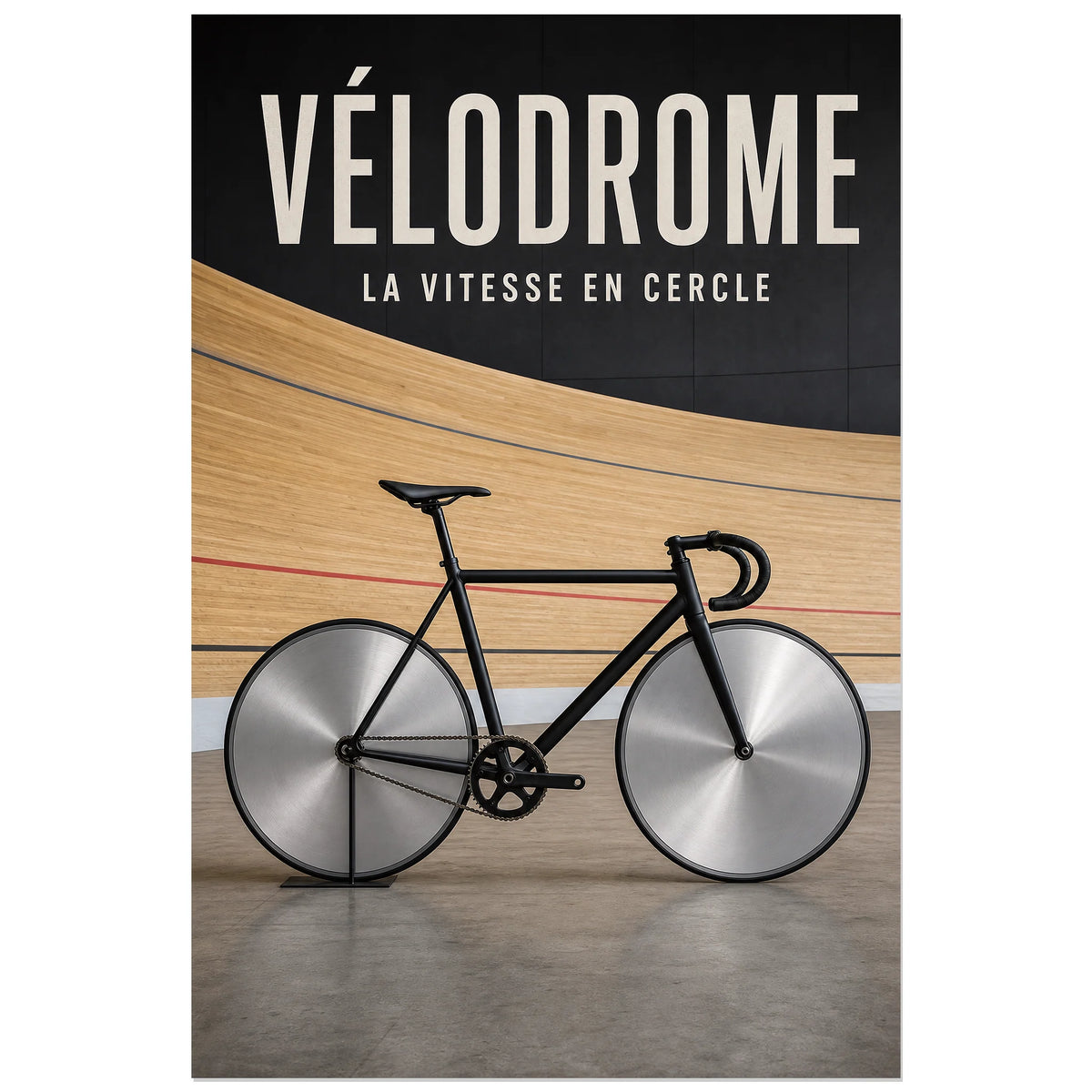 Affiche Vélodrome – La vitesse en cercle, photographie éditoriale de vélo de piste à composition architecturale verticale, format 60 × 90 cm
