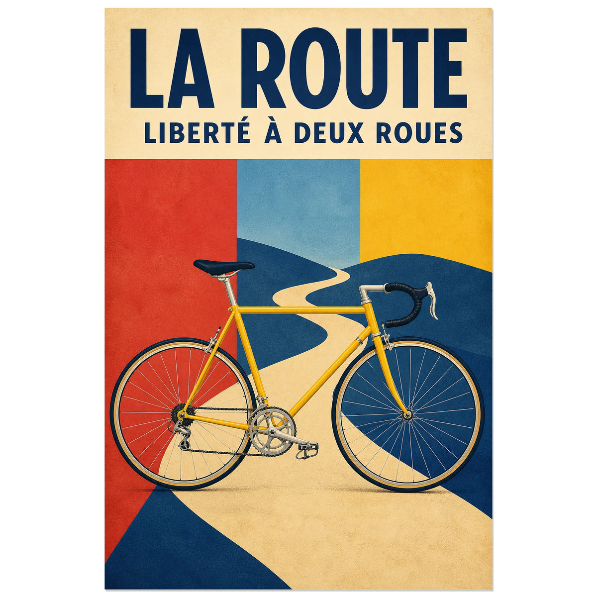 Affiche La route – Liberté à deux roues, illustration cycliste rétro de voyage en aplats colorés verticale, format 30 × 45 cm