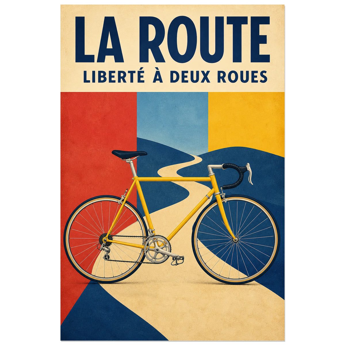 Affiche La route – Liberté à deux roues, illustration cycliste rétro de voyage en aplats colorés verticale, format 40 × 60 cm