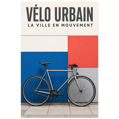 Affiche Vélo urbain – La ville en mouvement, photographie éditoriale de vélo sur fond architectural graphique verticale, format 30 × 45 cm