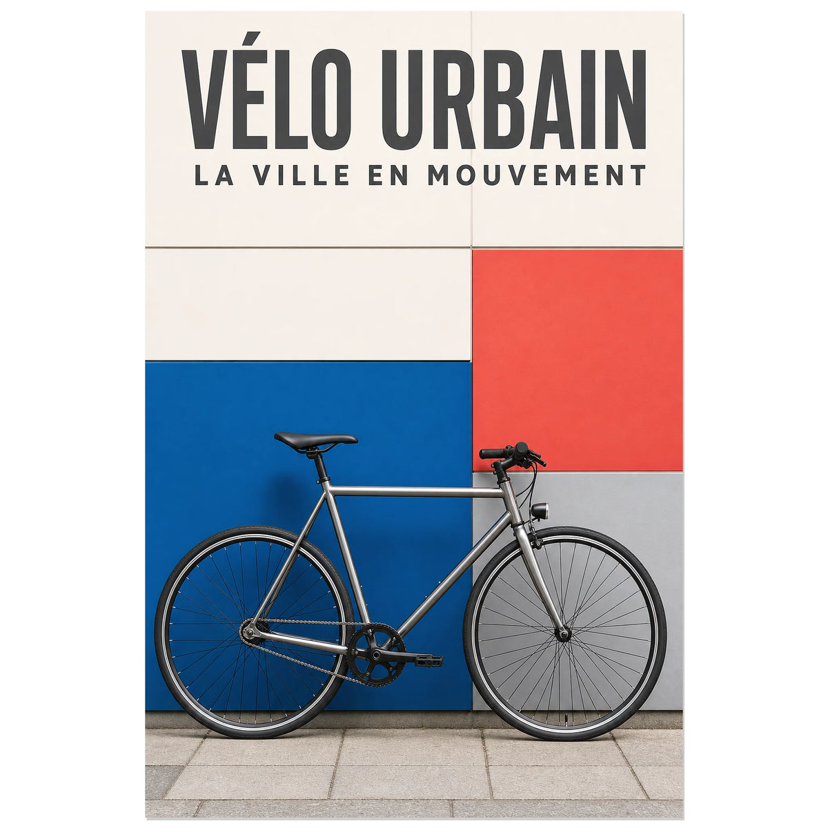 Affiche Vélo urbain – La ville en mouvement, photographie éditoriale de vélo sur fond architectural graphique verticale, format 60 × 90 cm
