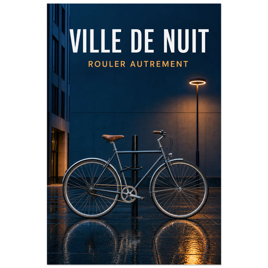 Affiche Ville de nuit – Rouler autrement, photographie urbaine nocturne de vélo à éclairage cinématographique verticale, format 30 × 45 cm