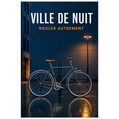 Affiche Ville de nuit – Rouler autrement, photographie urbaine nocturne de vélo à éclairage cinématographique verticale, format 40 × 60 cm
