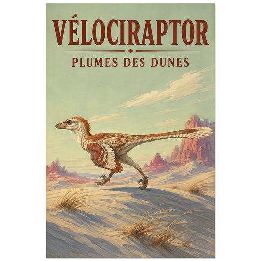 Affiche Vélociraptor – Plumes des dunes, paléoart illustré / gouache / affiche vintage verticale, format 30 × 45 cm