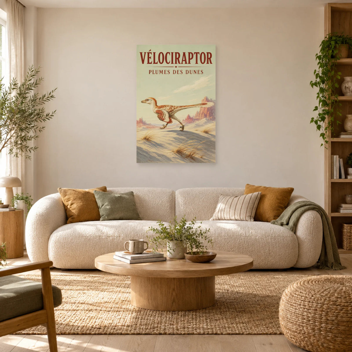 Affiche Vélociraptor - Plumes des dunes dans un salon - Art Virtuoso