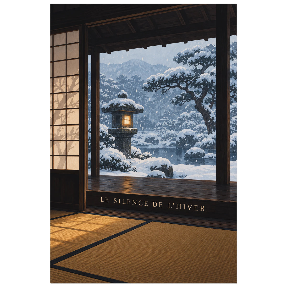 Affiche Véranda japonaise - Silence d'hiver, illustration réaliste / paysage d'intérieur verticale, format 30 × 45 cm