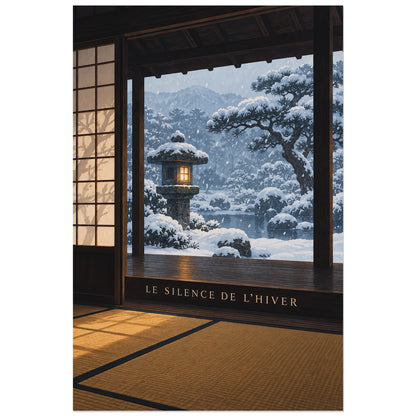 Affiche Véranda japonaise - Silence d'hiver, illustration réaliste / paysage d'intérieur verticale, format 40 × 60 cm