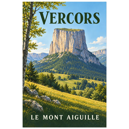 Affiche Vercors – Mont Aiguille, illustration peinte / affiche touristique néo-vintage verticale, format 60 × 90 cm