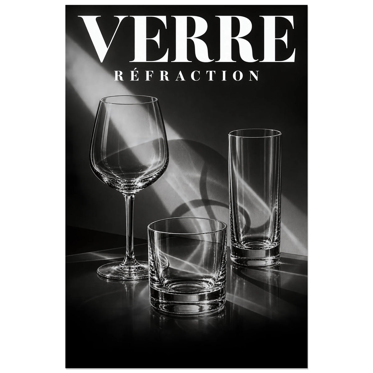Affiche Verre – Réfraction, photographie de nature morte en studio verticale, format 30 × 45 cm