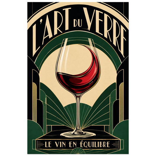 Affiche L'art du verre, le vin en équilibre, illustration géométrique art déco à contours nets verticale, format 30 × 45 cm