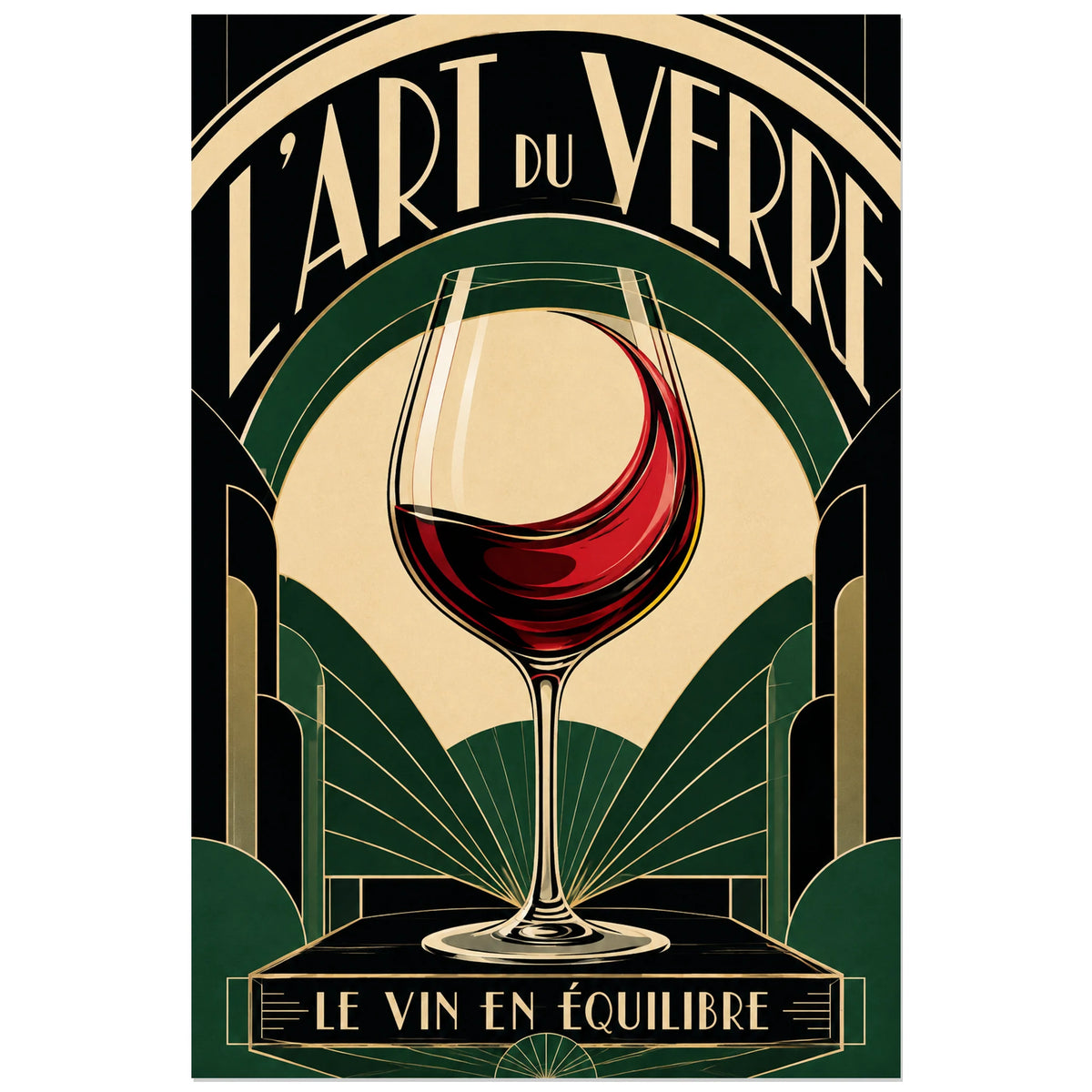 Affiche L'art du verre, le vin en équilibre, illustration géométrique art déco à contours nets verticale, format 60 × 90 cm