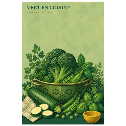 Affiche Vert en Cuisine – Herbes & Légumes, illustration maraîchère monochrome à la gouache verticale, format 30 × 45 cm