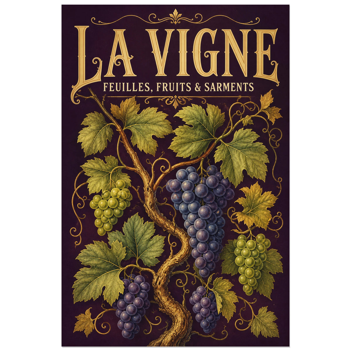 Affiche La vigne, feuilles, fruits et sarments, illustration botanique détaillée inspirée des planches gravées anciennes verticale, format 30 × 45 cm