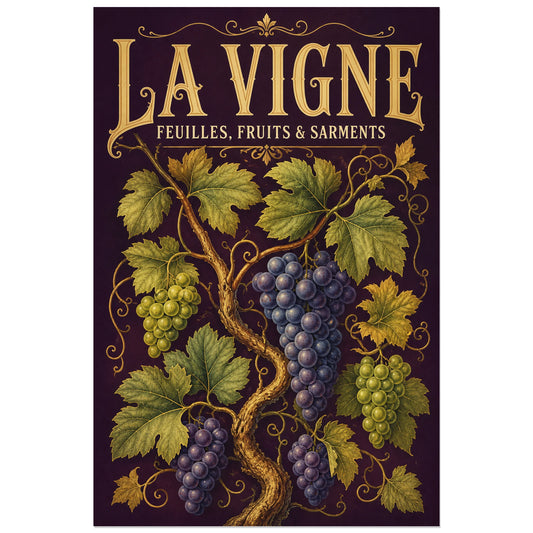 Affiche La vigne, feuilles, fruits et sarments, illustration botanique détaillée inspirée des planches gravées anciennes verticale, format 30 × 45 cm